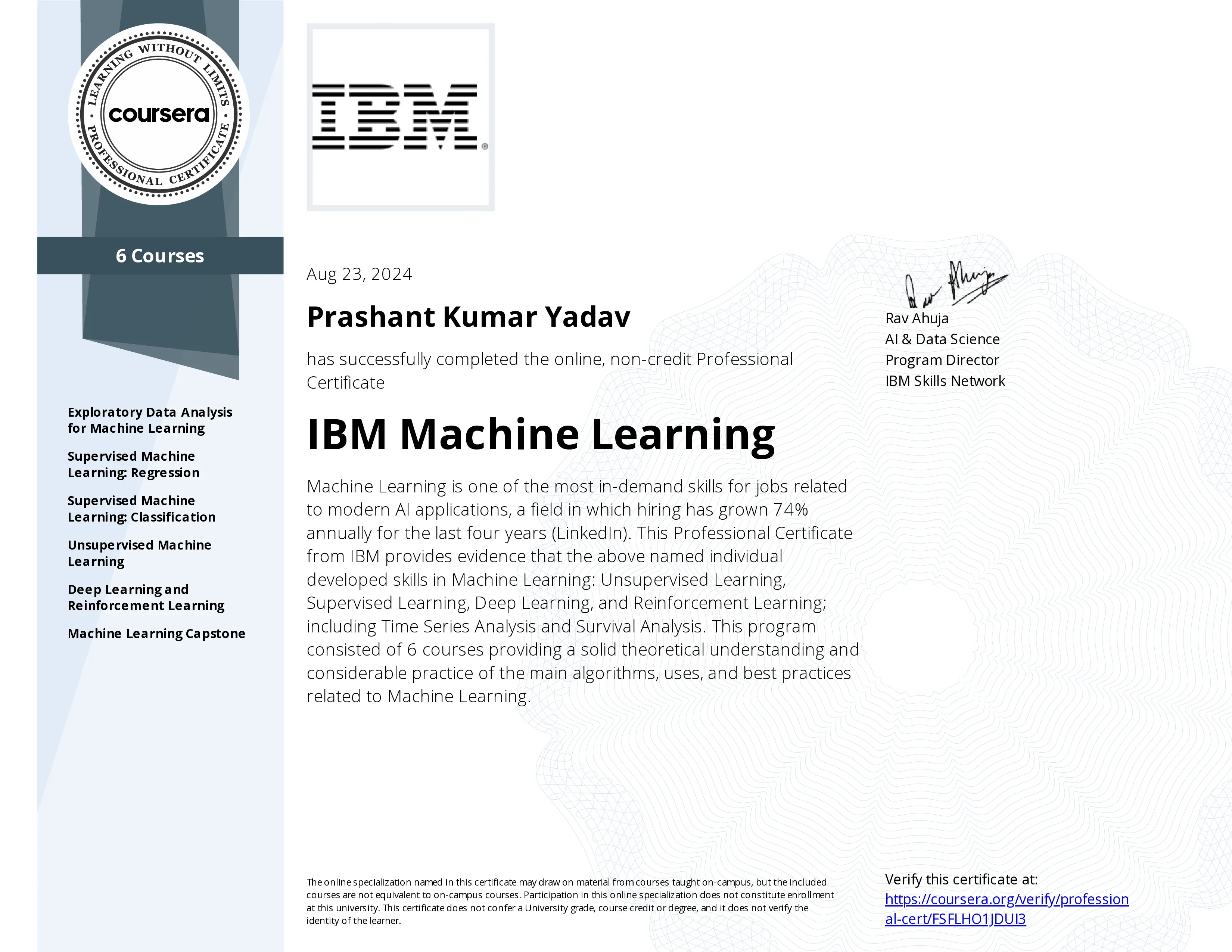 IBM Machine Learning Professional Certificate certificate